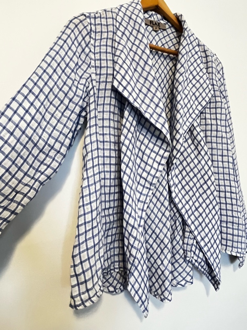 FLAX Linen Open Front Draped Cardigan Jacket Blue White Check Gauze Crop Petite - Picture 5 of 10
